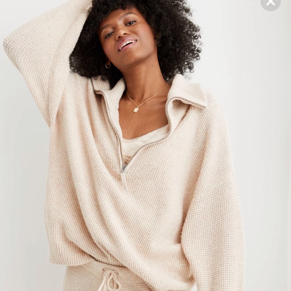 Aerie CozyUp Waffle Quarter Zip Sweater in Heather Fawn